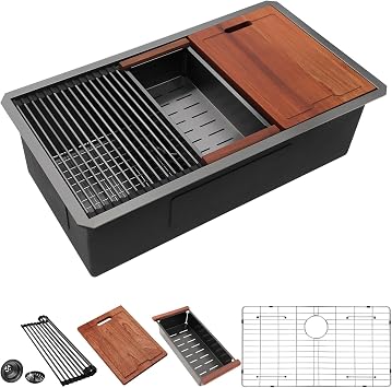 Lordear 33 Inch Black Undermount Kitchen Sink Workstation SUS304 16 Gauge Stainless Steel Single Bowl Basin with Built-in Black Accessories, 33x19"x10" Gunmetal Black