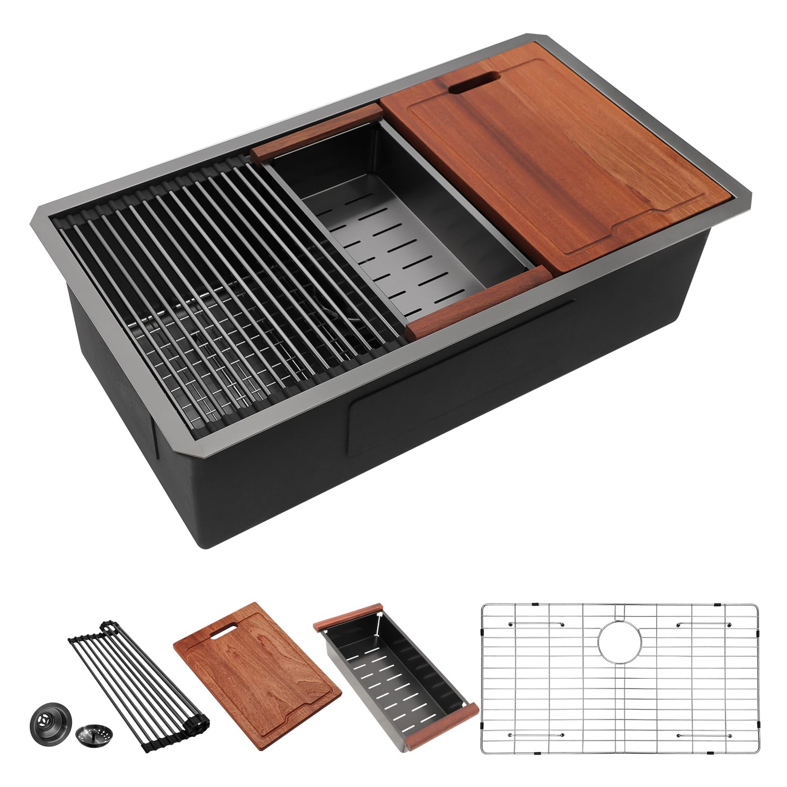 Lordear 33 Inch Black Undermount Kitchen Sink Workstation 16 Gauge Stainless Steel Deep Single Bowl Basin with Built-in Accessories,33“x19"x10" Gunmetal Black Sinks