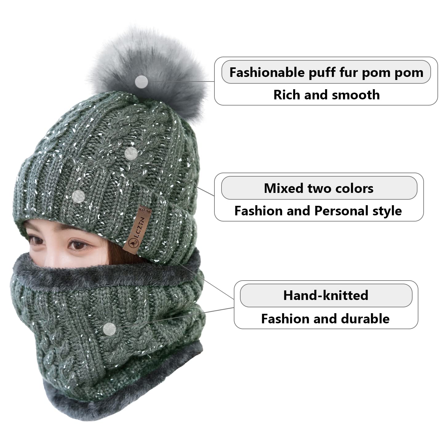 LCZTN Womens Pom Beanie Hat Scarf Set Girls Cute Winter Ski Hat Slouchy Knit Skull Cap with Fleece Lined