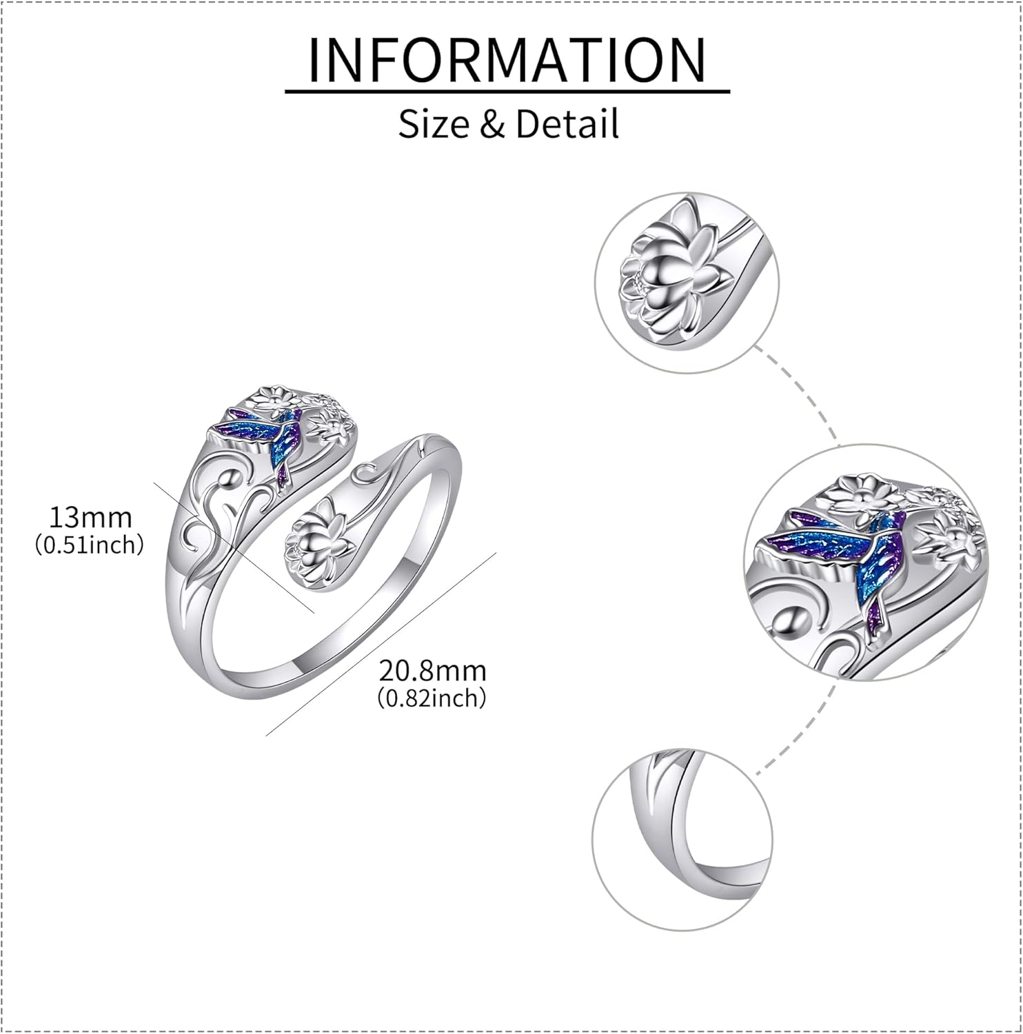 Spoon Rings 925 Sterling Silver Adjustable Hummingbird/Shark/Daisy/Tree Of Life/Dragonfly/Witches Knot/Sea Turtle Ring Thumb Rings Birthday Jewelry Gifts for Women Mother - Image 5