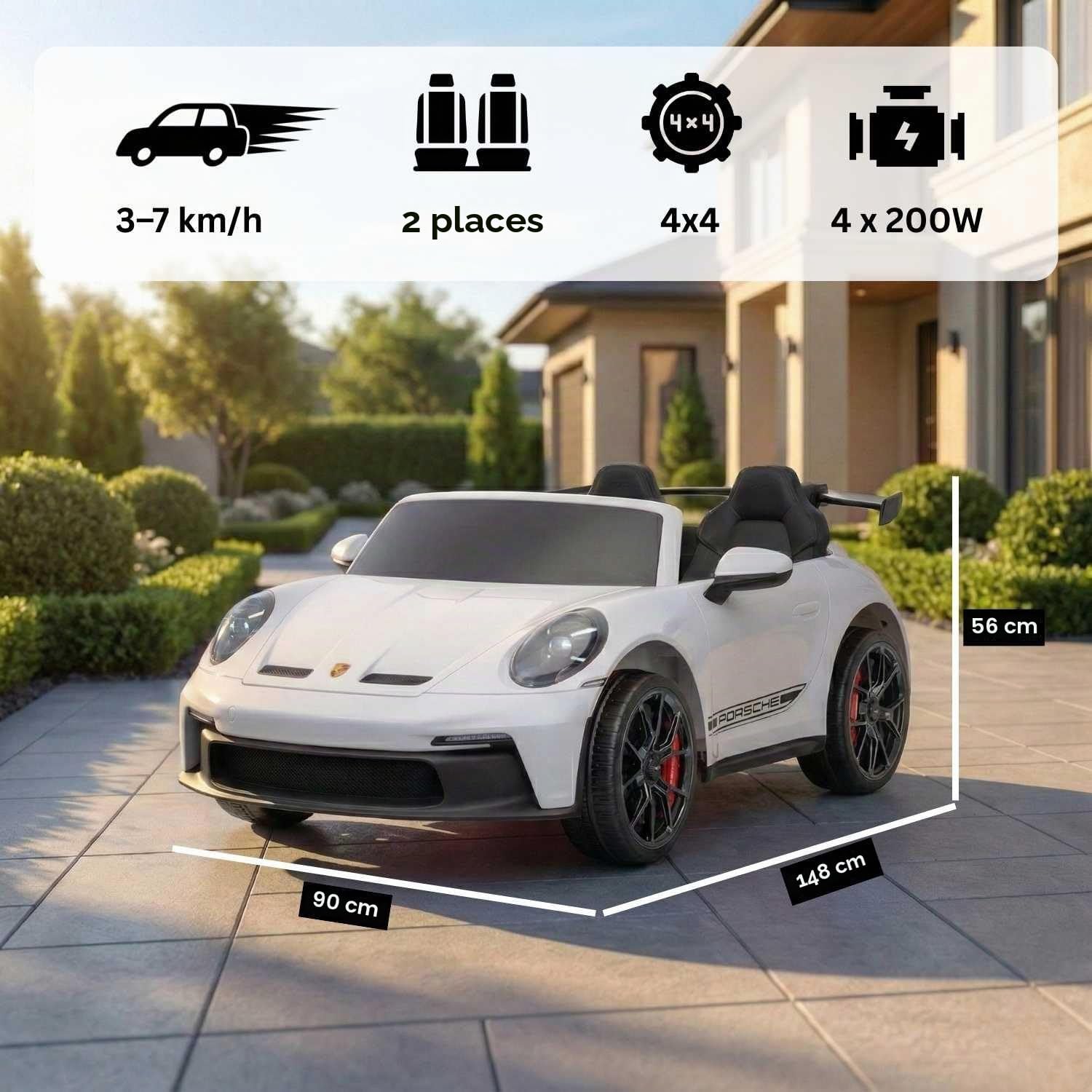Porsche 911 GT3 voiture électrique enfants 24V 2 places 4x4, Blanc, 4 x 200W moteurs, batterie lithium, télécommande parentale 2,4 GHz, suspension, USB/AUX, phares LED, licence officielle