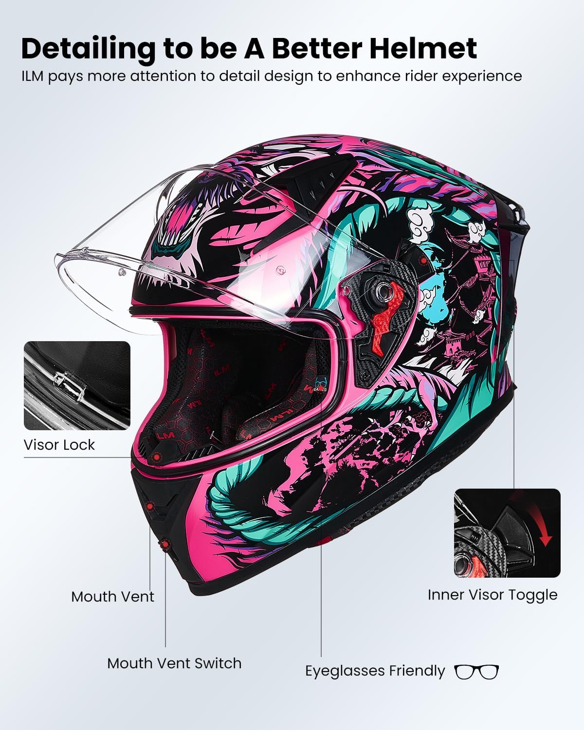 ILM Motorcycle Helmet Full Face with Pinlock Compatible Clear&Tinted Visors and Fins Street Bike Motocross Casco DOT Model Z501(Legend Pink, Large) - Image 6