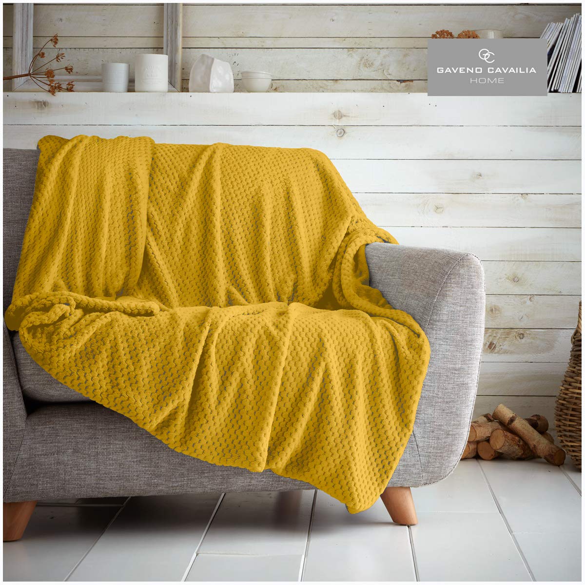 GC GAVENO CAVAILIA Easy Care Teddy Fleece Throw, Luxury Super Soft & Warm Honeycomb Settee Blanket, Size, Polyester, Popcorn-Ochre, Single(130X150)