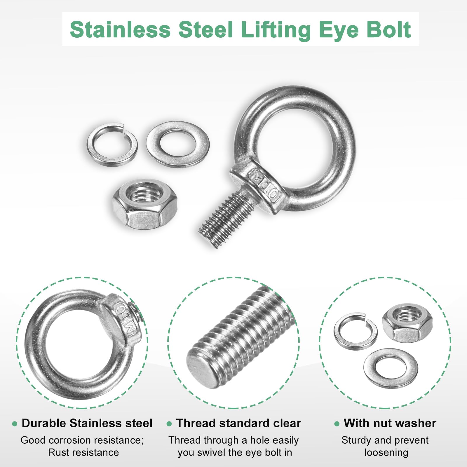 M METERXITY 2-Sets Stainless Eyebolt M10x18mm Shoulder Lifting Eye Bolt with Nuts Washers Male Screw Thread Ring Shoulder Eye Bolts Length 0.71 Inch for Suspending/Fastening - Image 2