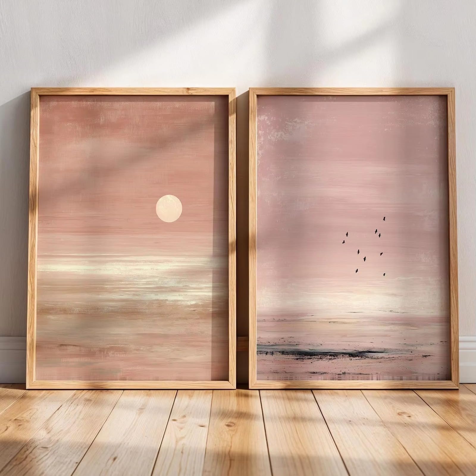 ZBELLO Rosa Boho Sonnenuntergang Wandbilder Set 2, Ohne Rahmen Minimalistische Landschaft Drucke, Ästhetische Pastell Poster für Wohnzimmer Schlafzimmer (30x40cm)