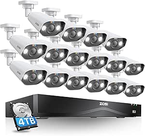 ZOSI 32CH 4K Security Camera System,16pcs 4K/8MP PoE Cameras Outdoor,Human/Vehicle Detection,2 Way Audio,Color Night Vision,16 Port 32 Channel 8MP Dual-Disk NVR with 4TB HDD for 24/7 Recording asin的图片