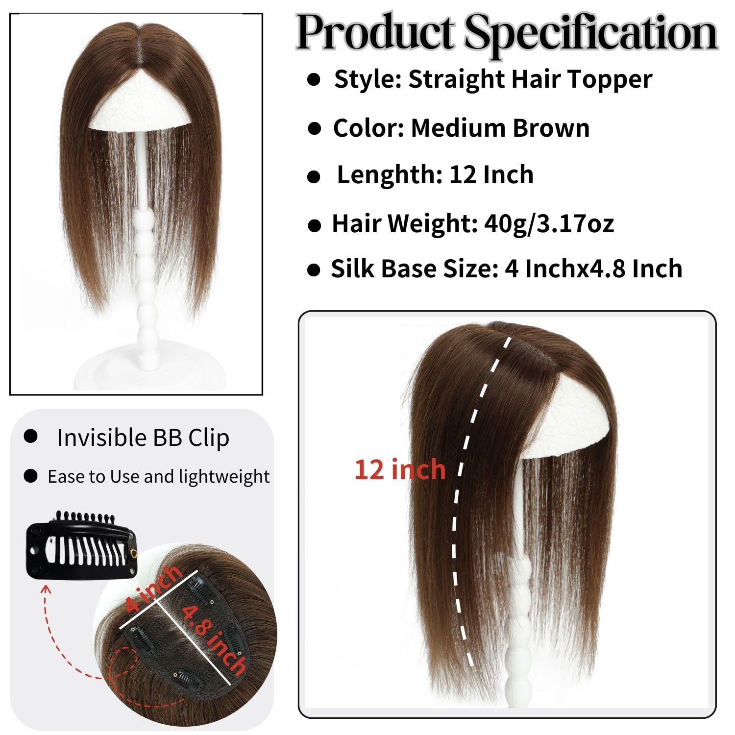 Human Hair Topper for Women - 10x12cm Silk Base Straight Hair Piece for Thinning Crown - 12 inch Medium Brown (4#) - Image 3