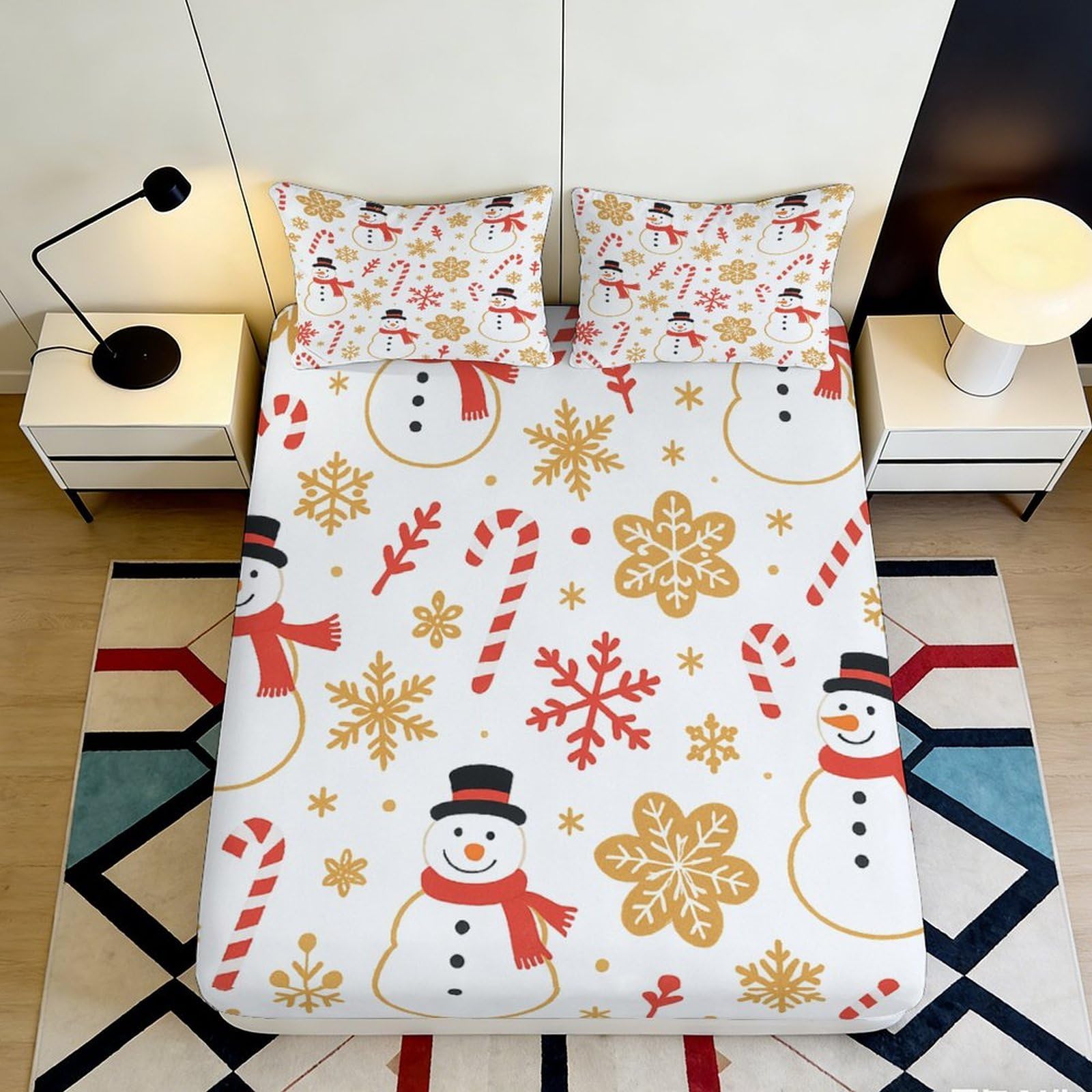 3D Printed Snowman Candy Cane Fitted Sheet Microfiber Soft Gold Snowflake Mattress Cover Bedroom Decor 200x200x25cm