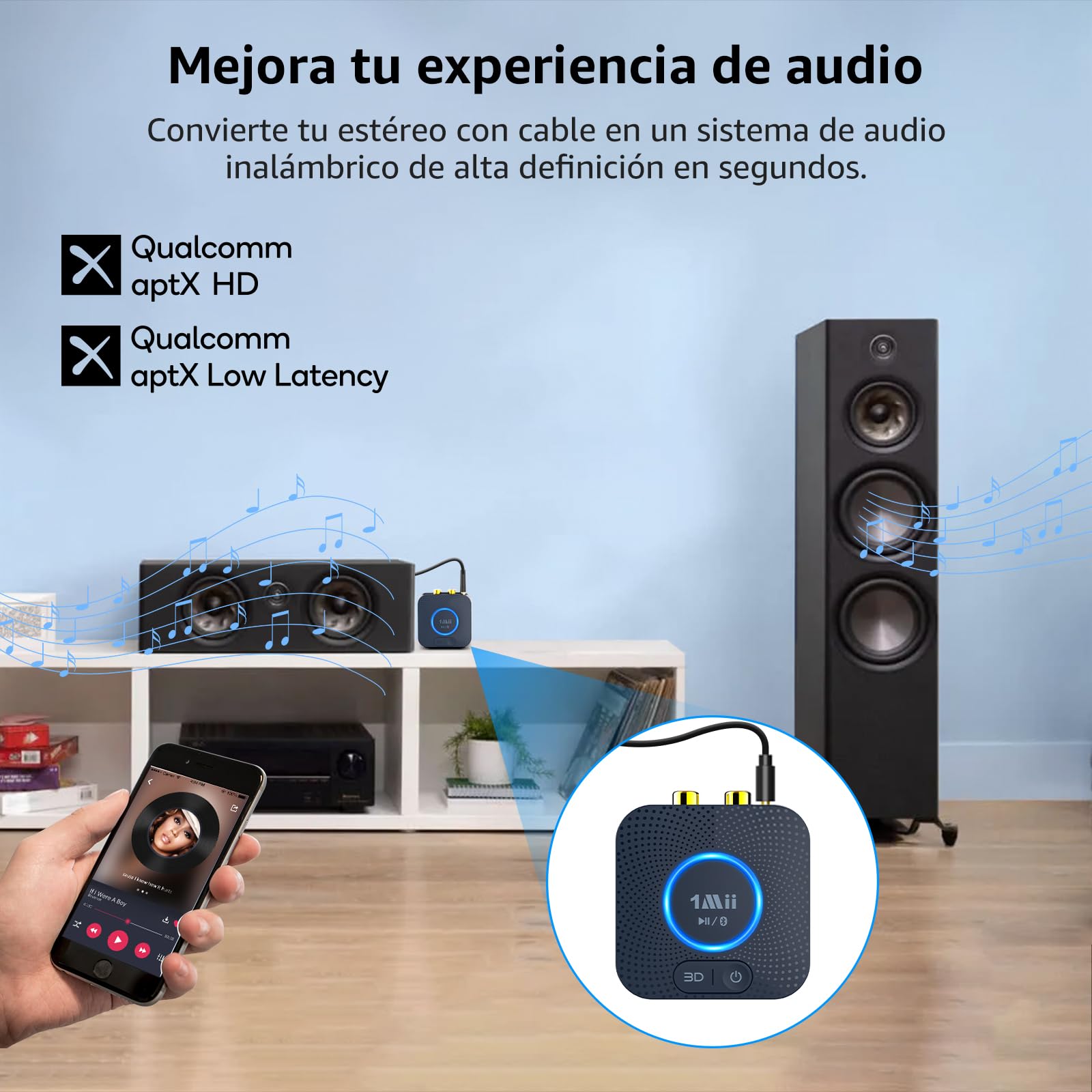 1Mii B06HD Receptor de Audio Bluetooth 5.3, Adaptador Bluetooth para Sistema Estéreo HiFi Doméstico, con Sonido Envolvente 3D de Baja Latencia aptX HD, 15H de Reproducción, Conector 3.5mm AUX, RCA