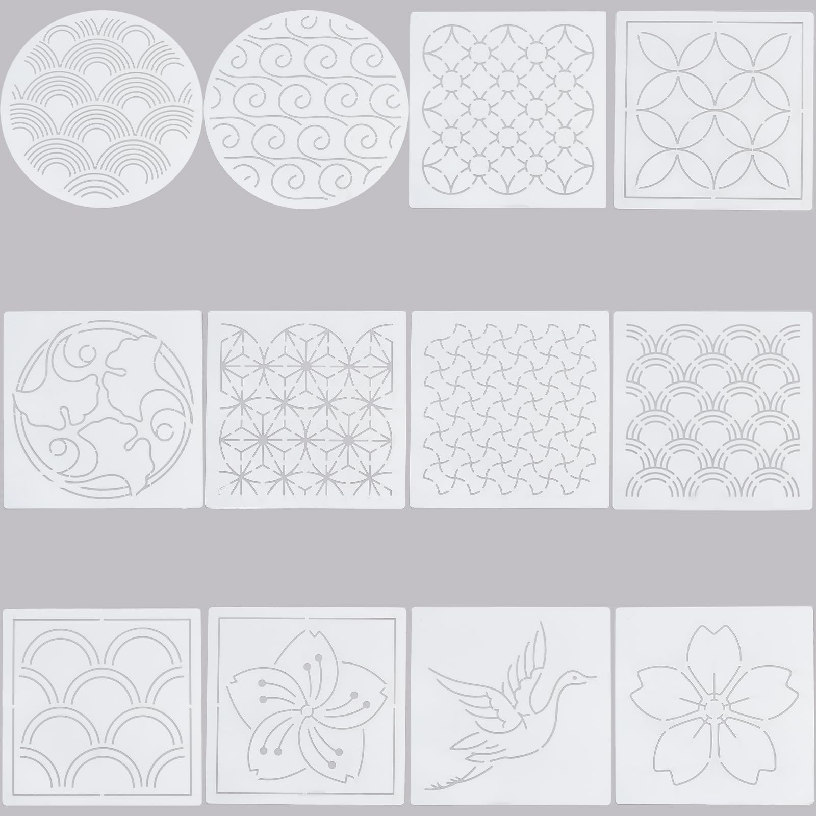FREEBLOSS 12er Set Sashiko Schablonen - Japanische Stickvorlagen Für Handquilting Mit Geometrischen Mustern