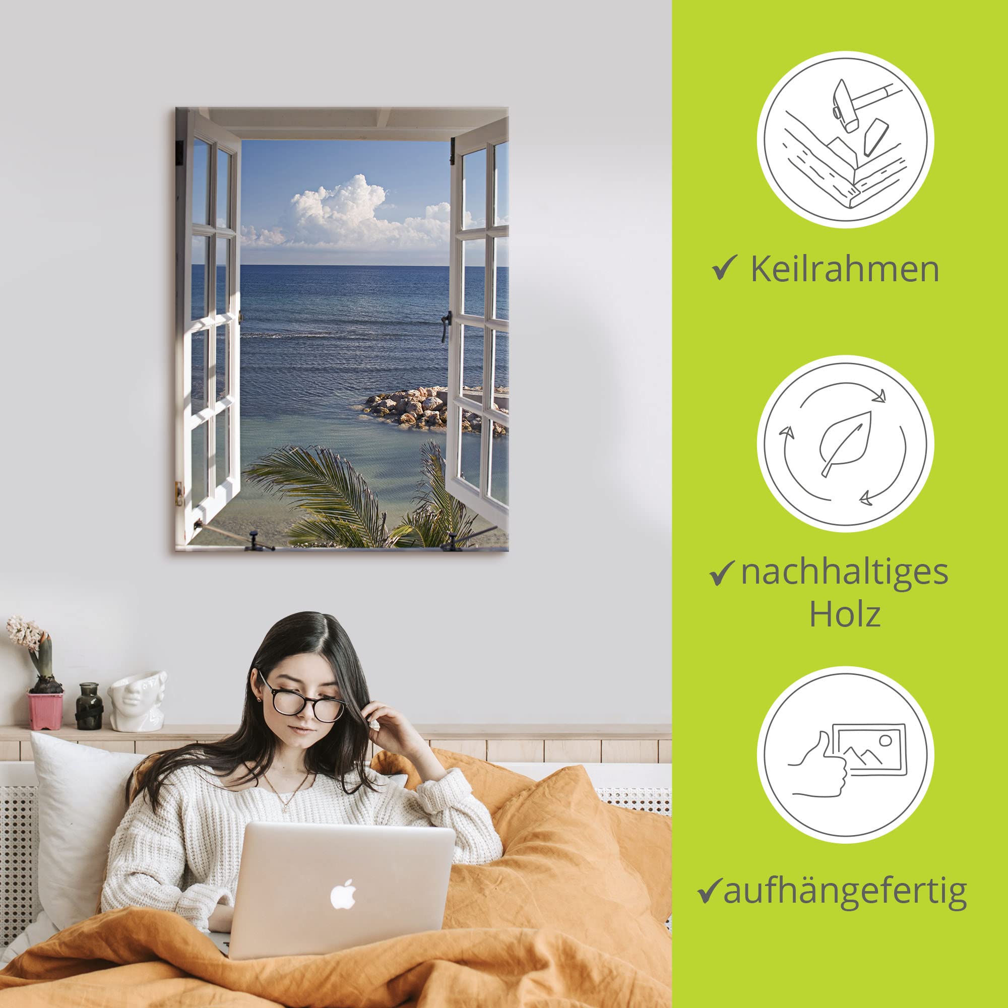ARTLAND Wanddeko Leinwand Bilder Wandbild 60x80 cm Fensterblick Fenster zum Paradies Strand Meer Maritim Palmen Landschaft T9II