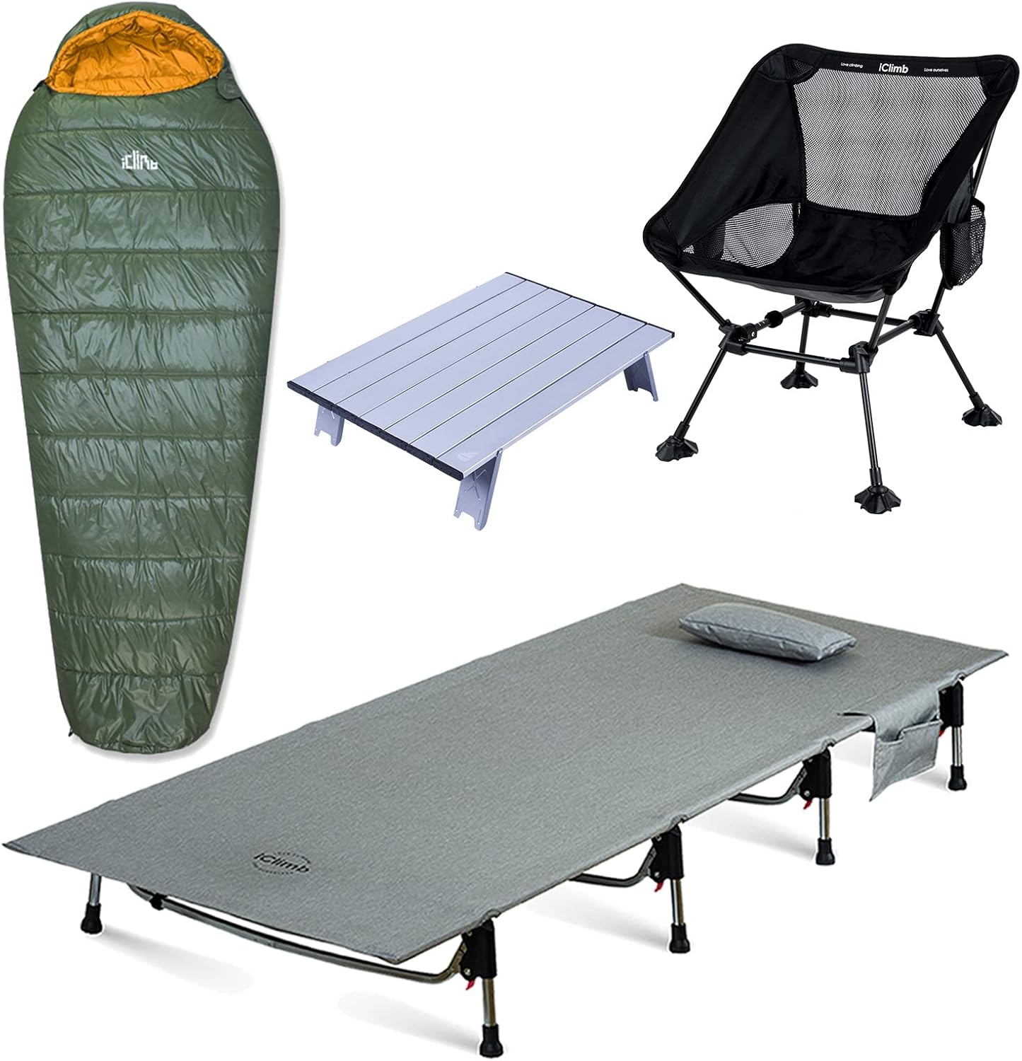 iClimb 1 Mini Folding Table and 1 Anti-Sinking Large Feet Chair and 1 Super Easy Assemble Cot and 1 3M Thinsulate Insulation Sleeping Bag Bundle, Ultralight Compact for Single Adult Outdoor Backpackin