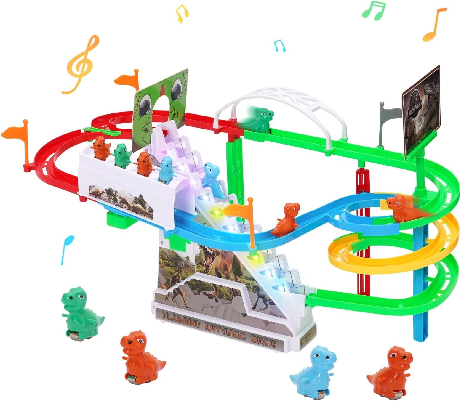 Race Track Toy Climbing Stairs Roller Coaster Double Loop Dinosaur Track Slide Toy Dinosaur Tracks Race Car Toys with Music Light Orbit Chasing Gift for Kids Toddlers Boys Girls