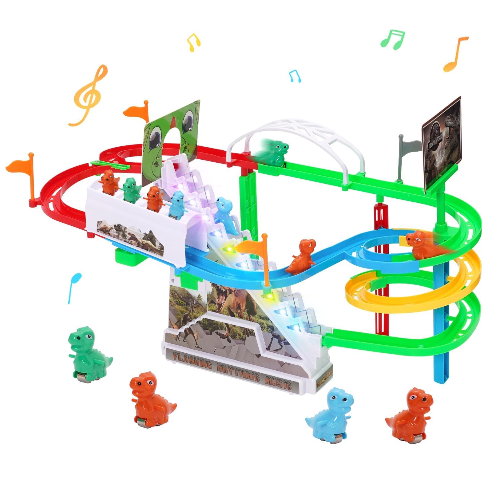 Circuit de Course Dinosaure, Escalade Escalier Jouet pour Enfants, Montagnes Russes Jouets avec Musique et Lumière, Toboggan Dinosaur, Puzzles Éducatifs et Jeux pour Garçons et Filles