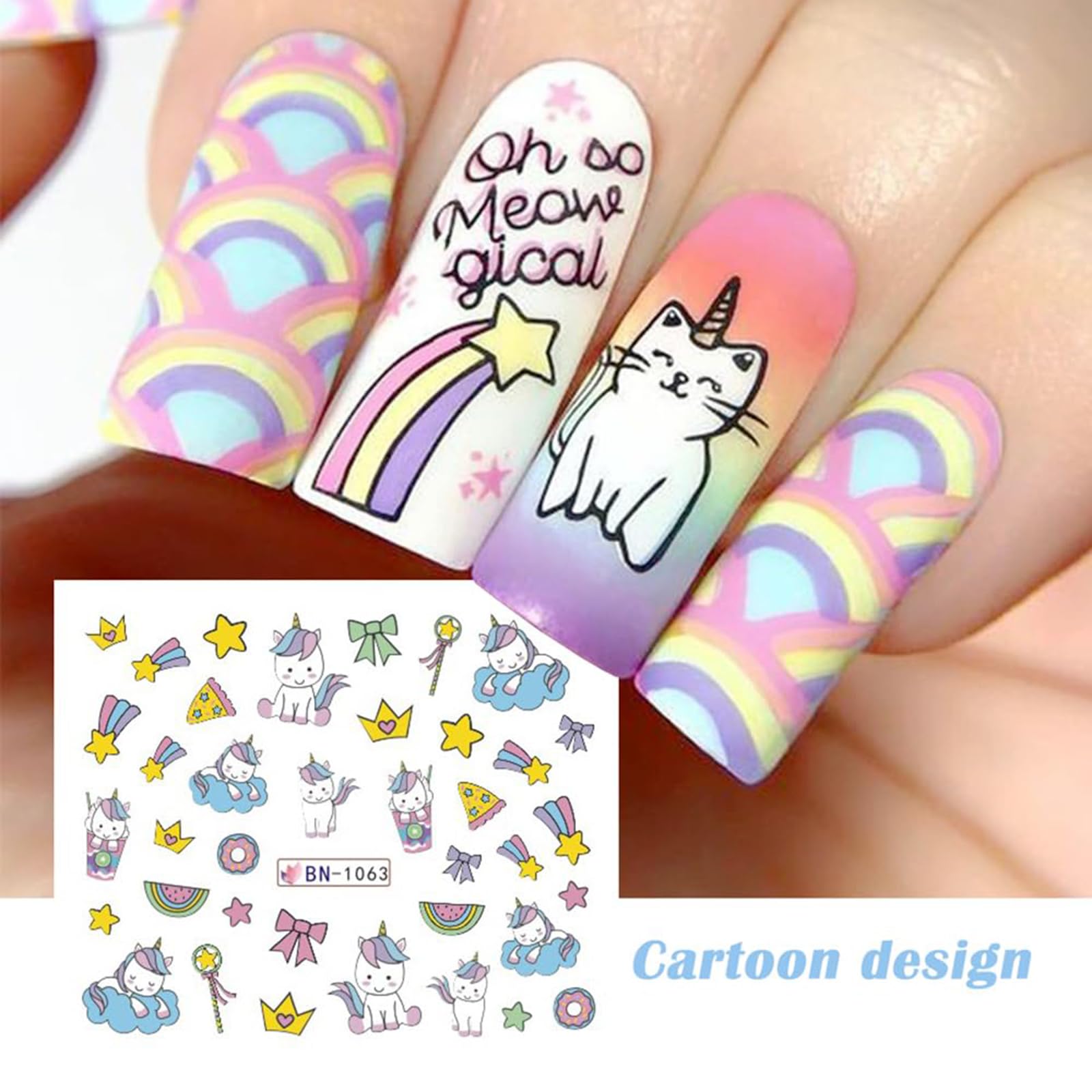 Unicorn Nail Art Stickers Water Transfer Nail Decals Heart Unicorn Rainbow Donut Nail Design Nail Decorations Supplies Cute Cartoon Pink Watermark Nail Stickers for Women Girls Nail Art, 12 Sheets