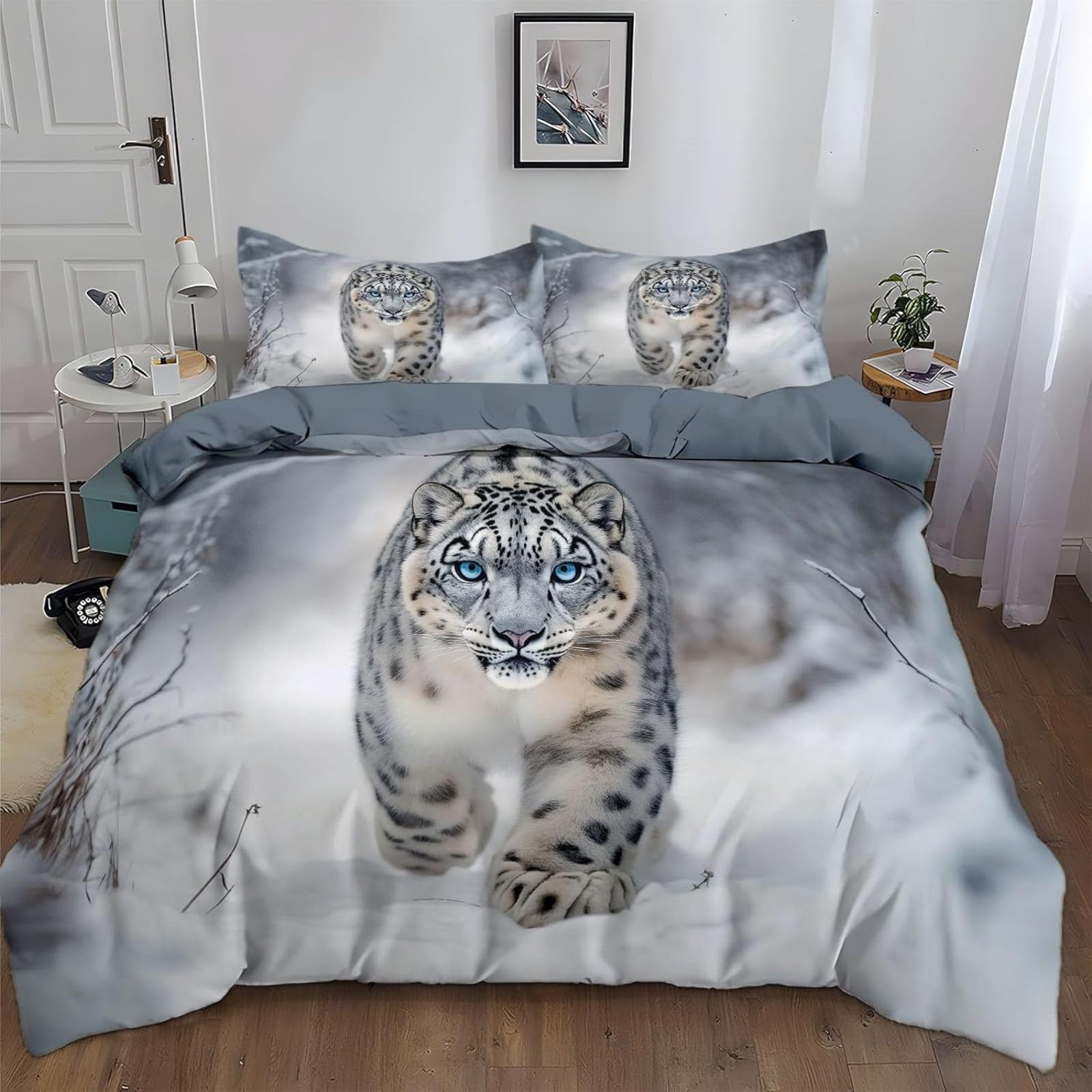 Housse de couette respirante 90x190 cm panthère des neiges en microfibre douce avec zip