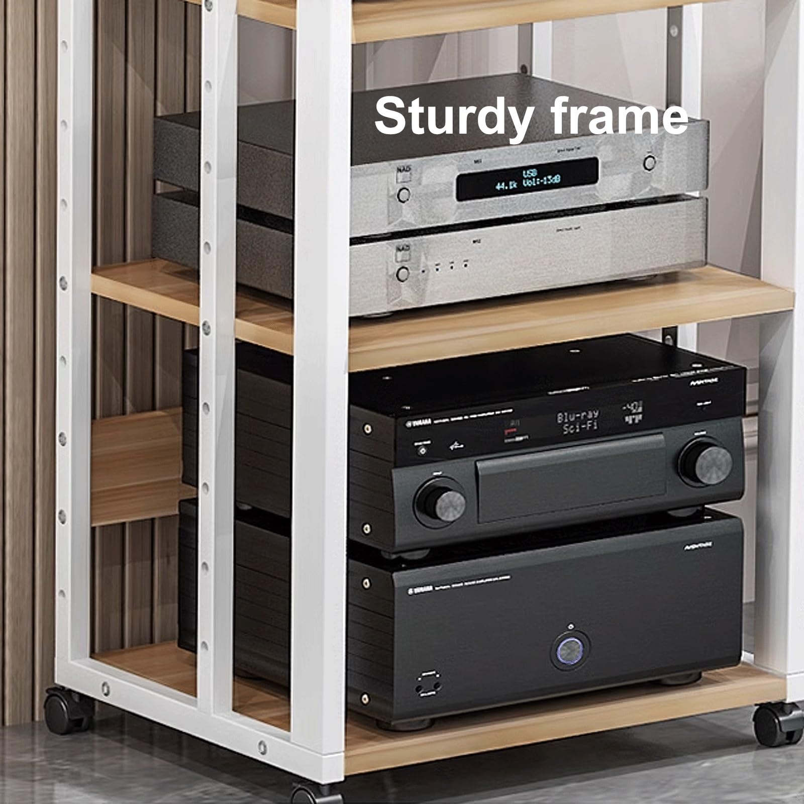Regał Metalowy Stabilny Stojak Audio z Drewna Konstrukcyjnego + Stal, Stojak na Sprzęt Audio Minimalistyczny Wieża na Sprzęt Audio z Kółkami 3 Rozmiary 2 Kolory(White+natural,4 layer)