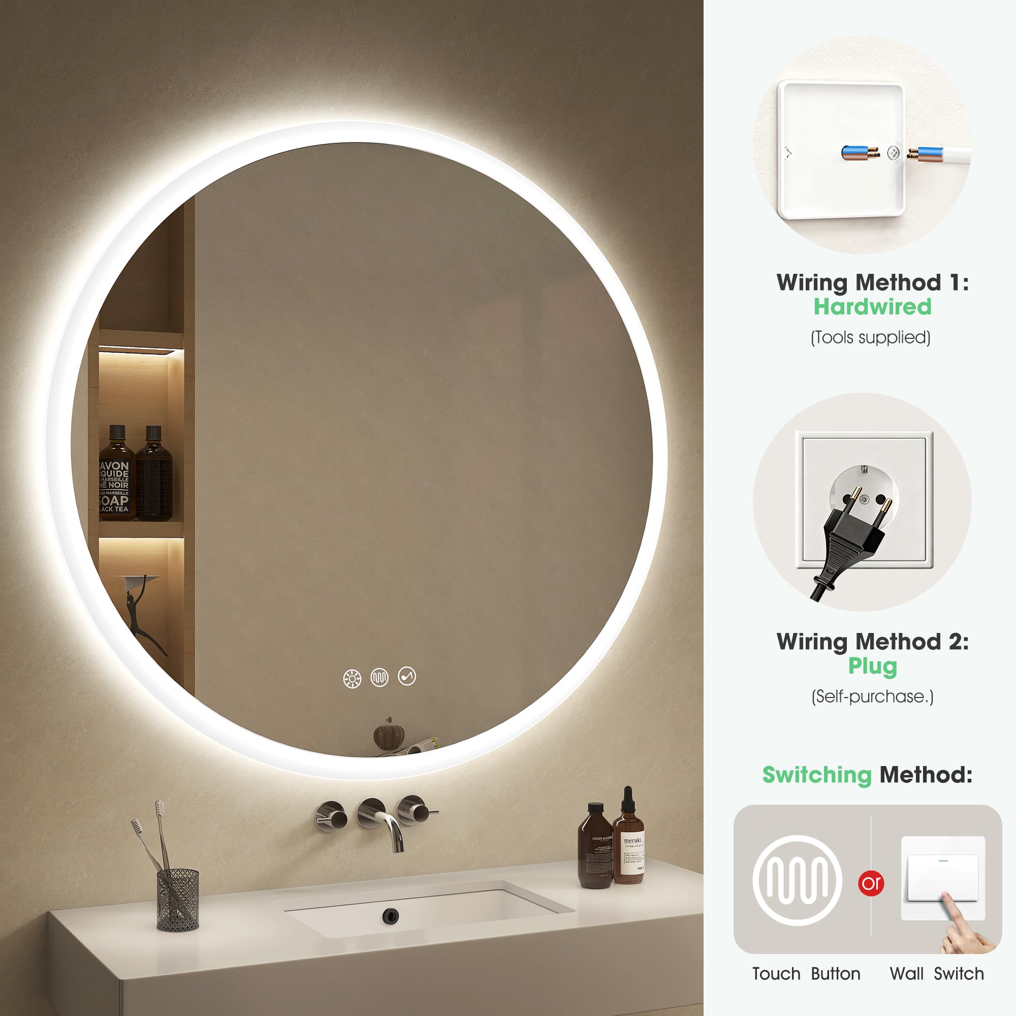 S'bagno Okrągłe lustro łazienkowe z oświetleniem-100 cm, lustro łazienkowe z oświetleniem i Bluetooth, odparowanie, 3000 K/4000 K/6500 K, możliwość ściemniania, szkło hartowane HD, funkcja pamięci