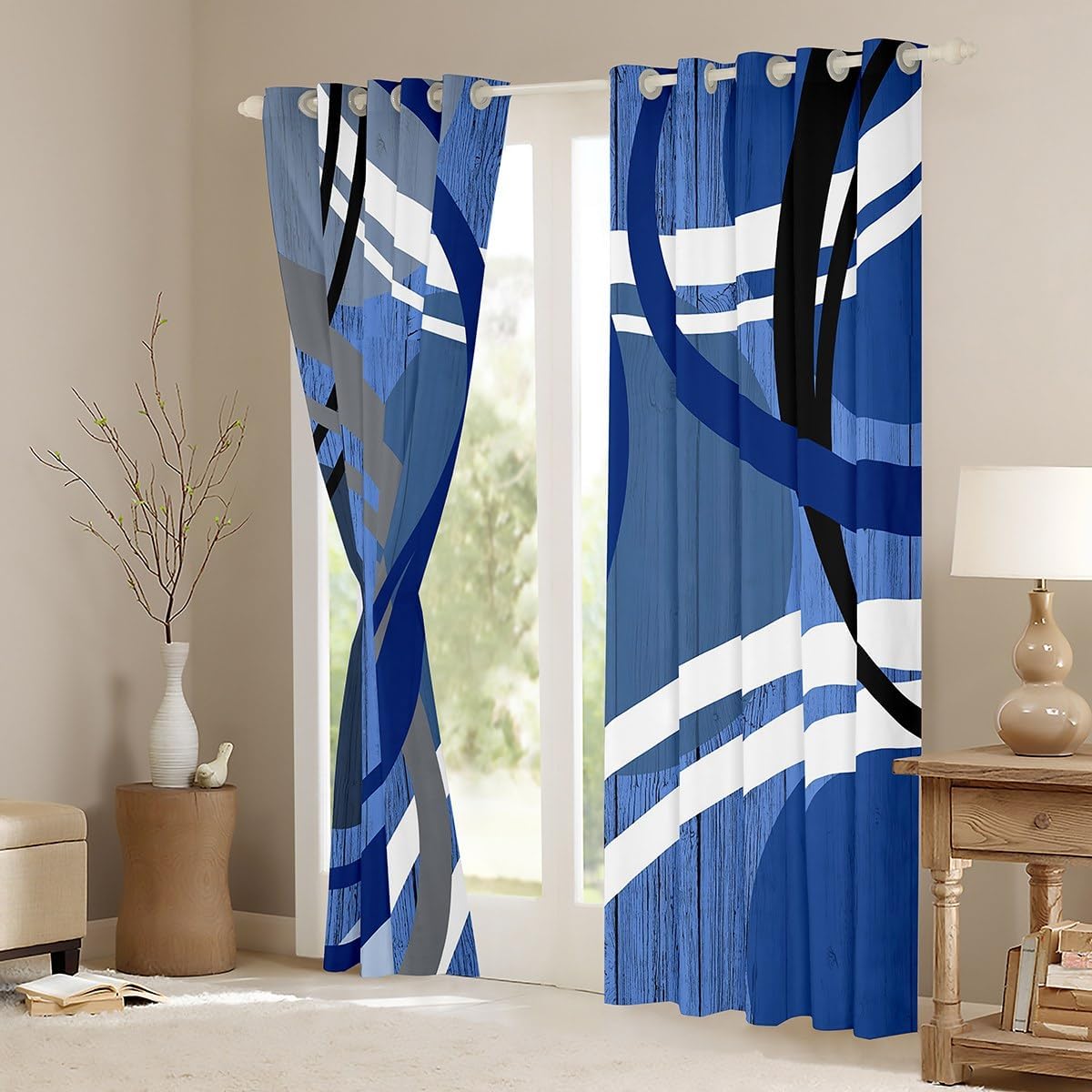 Feelyou Modern Wavy Circles Design Darkening Drapes for Boys Girls, Blue Grey Blackout Curtains Geometric Circle Swirl Window Curtains Abstract Art Window Treatments (2 Panels, 38 x 45 Inch)