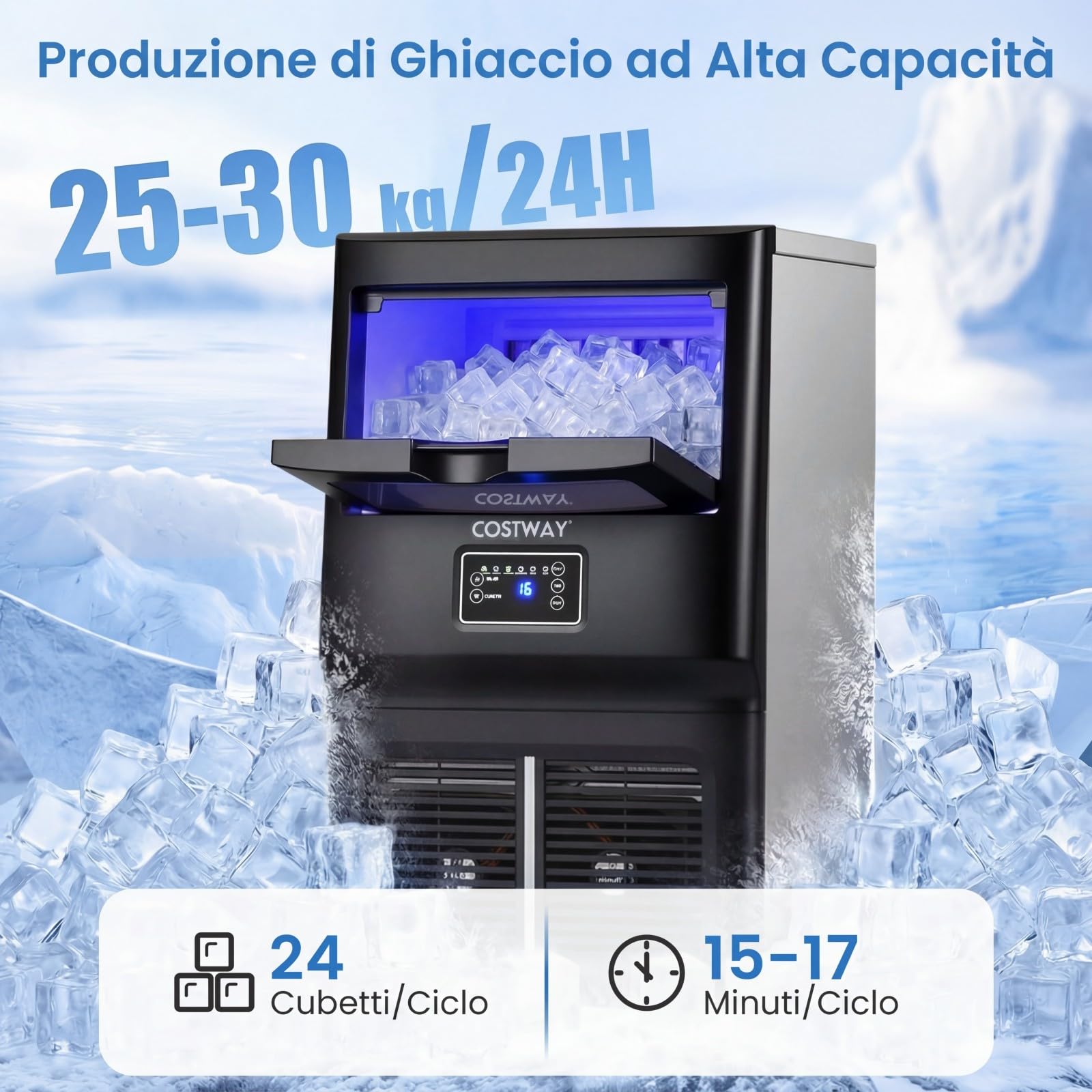 COSTWAY Macchina per Ghiaccio Commerciale, 25-30 kg/24H, Produttore di Ghiaccio in Acciaio Inox con Autopulizia, Filtro dell’Acqua, per Bar Ristorante e Caffetteria