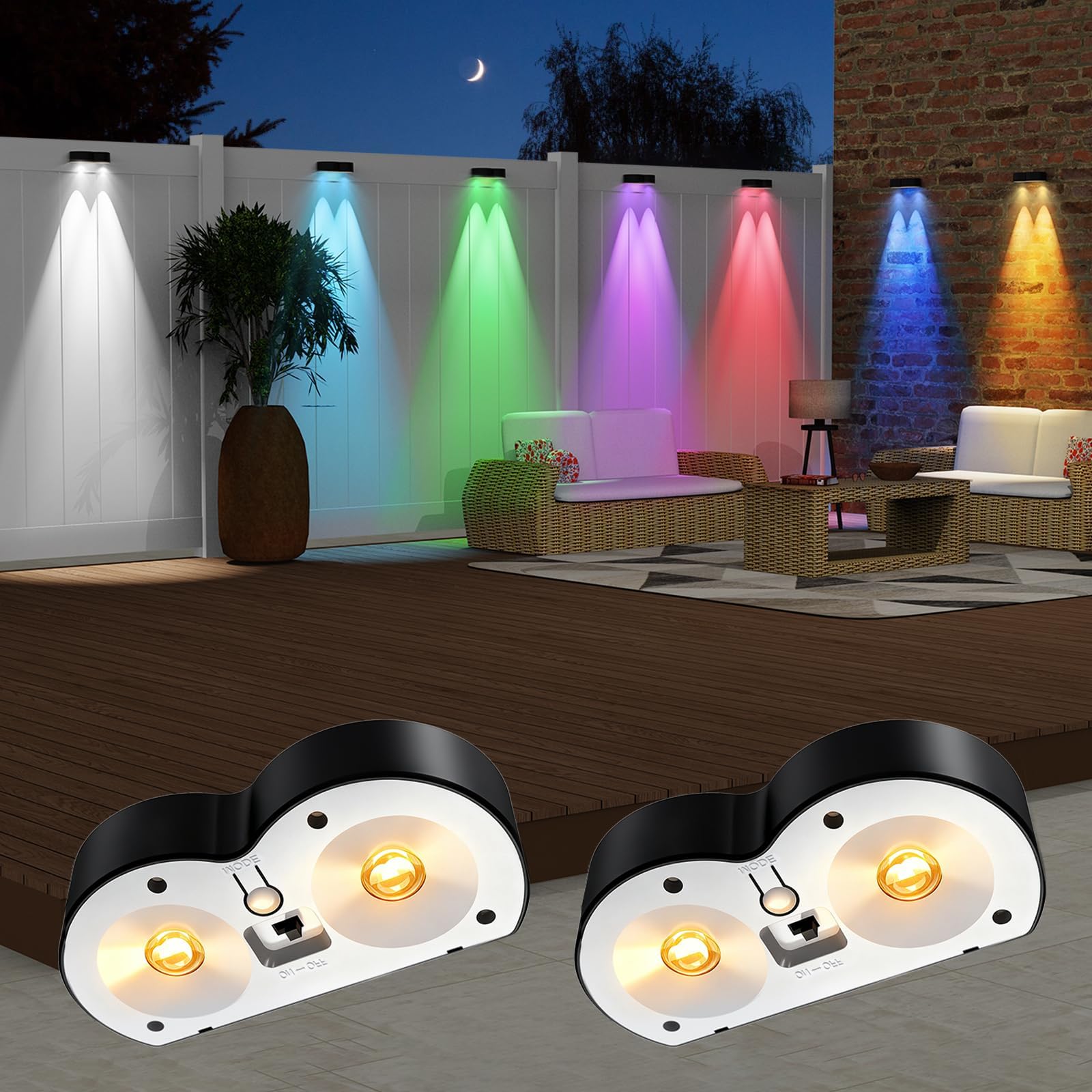 Solar Fence Lights Outdoor, 10 Colors &amp; RGB Changing Solar Lights for Fence, Ip44 Waterproof Outdoor Lights for Pool, Deck, Patio, Porch, Stairs, Holiday（2P）