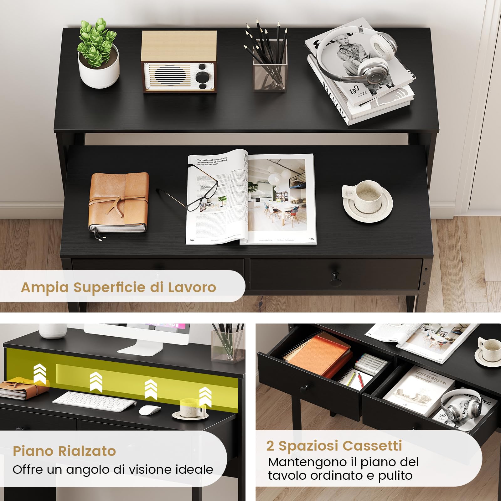 COSTWAY Scrivania per Computer, Tavolo Salvaspazio Retrattile con Cassetti e Ruote Universali Bloccabili, 100 x 63 x 88 cm, Desk Gaming per Ufficio, Soggiorno e Camera da Letto (Nero)