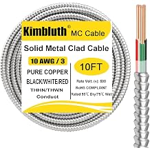 10/3 Metal Clad MC Cable with Ground 10ft, 10 Gauge Electric Wire with Aluminum Armor, Solid Bare Copper Conductors for Indoor Outdoor Underground Embedded Installation 10/3, 10 FT