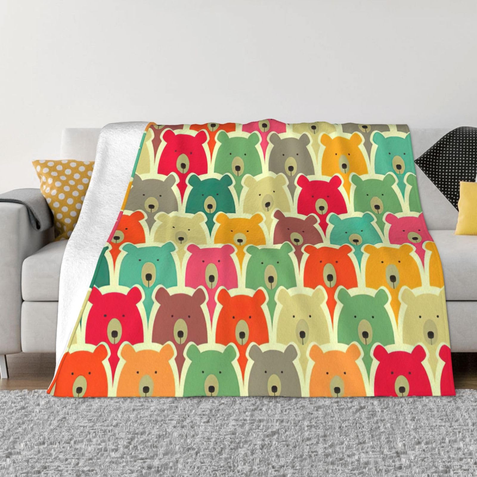 Couverture en flanelle ours colorés, plaid ultra léger et chaud 152x127 cm