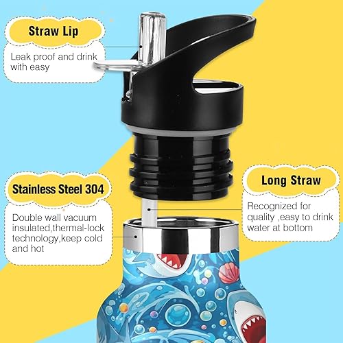 Miniatura 3 de Botella de agua para niños para la escuela, botella de agua de acero inoxidable para viajes o escuela, 20 onzas, sin BPA, lindos tiburones