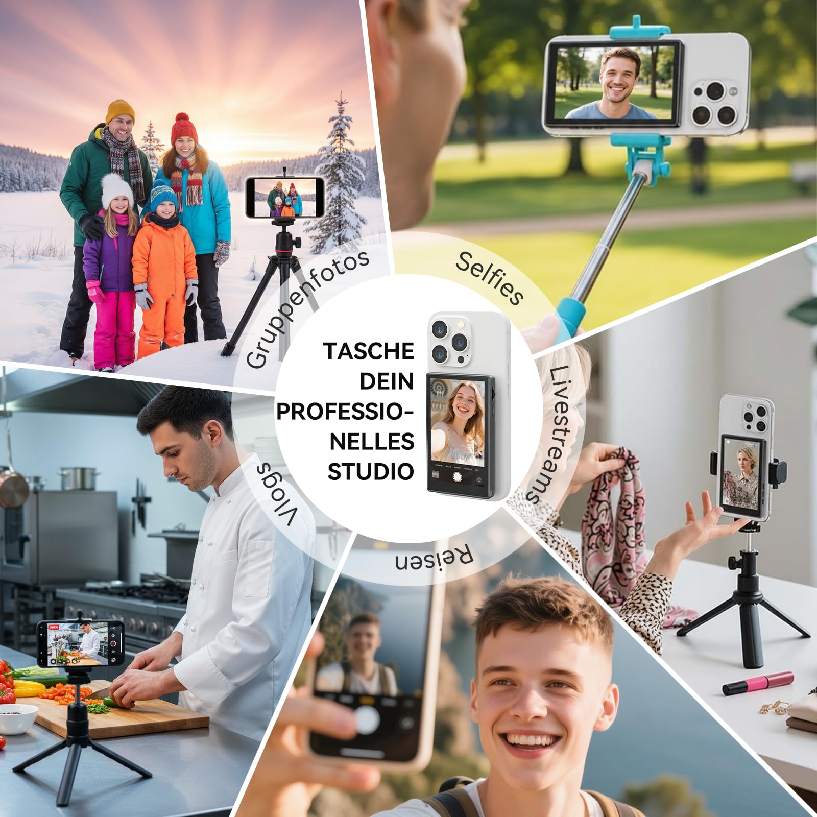 Écran magnétique pour Selfie Martphone avec caméra arrière pour iPhone et Android pour TikTok Live Streaming Noir Smartphone Vlog Selfie Monitor Screen