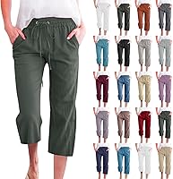 LRMQS Women's Cotton Linen Capri Pants - Casual Summer Wide Leg Cropped Trousers, Loose Drawstring Elastic Waist