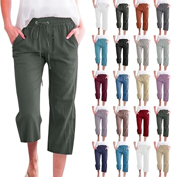 LRMQS Capris Pants for Women Cotton Linen Casual Summer Straight Wide Leg Loose Drawstring Elastic Waist Cropped Trouser
