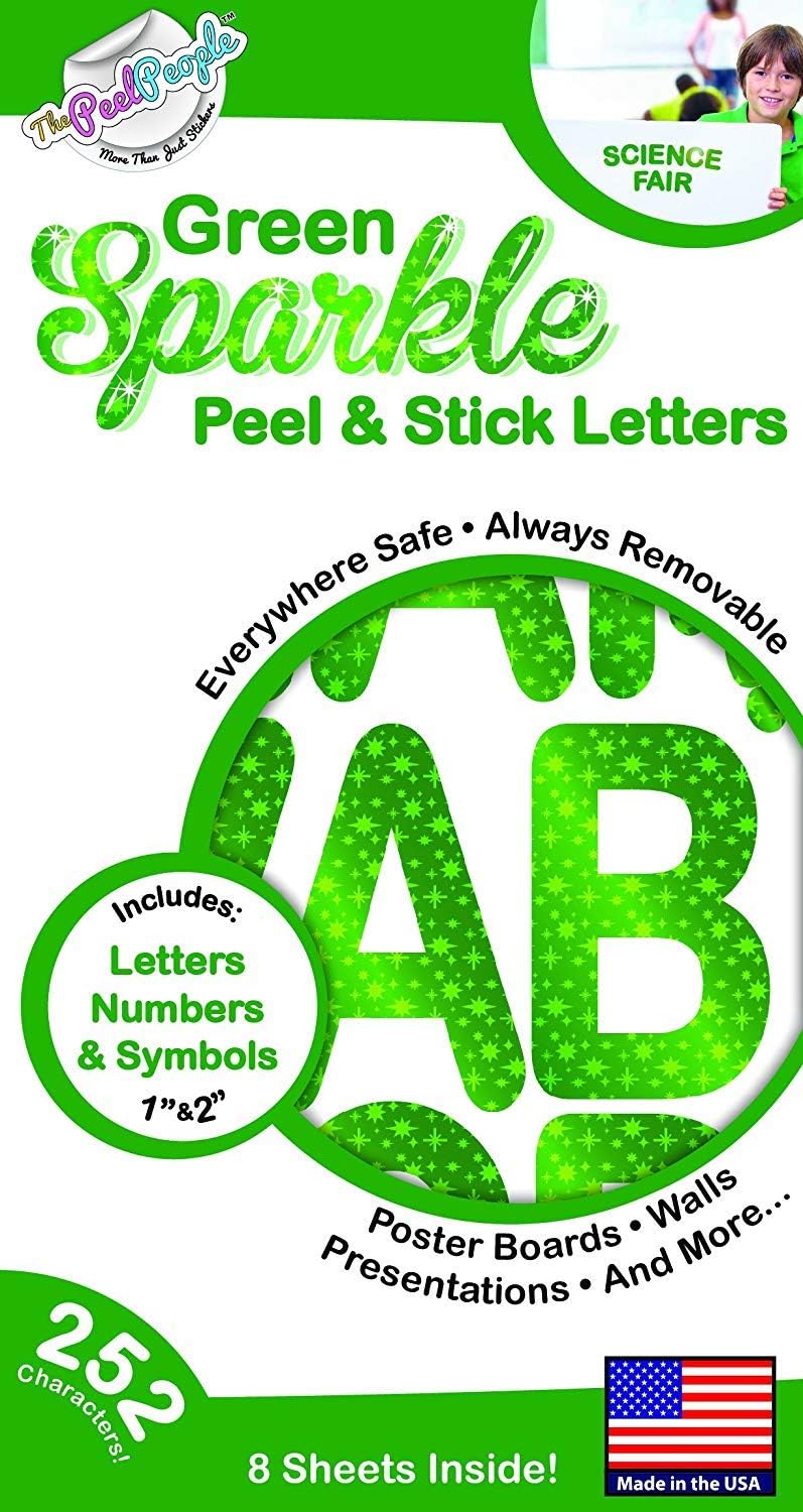 252 PC Peel and Stick Letters & Numbers, 1" and 2" Green Sparkle