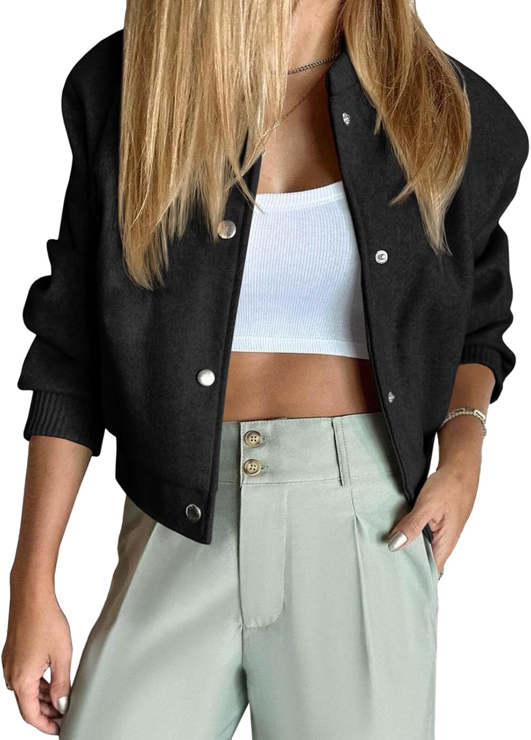 Tankaneo Womens Cropped Bomber Jacket Wool Blend Varsity Short Pea Coats Long Sleeve Button Down Winter Casual Outerwear