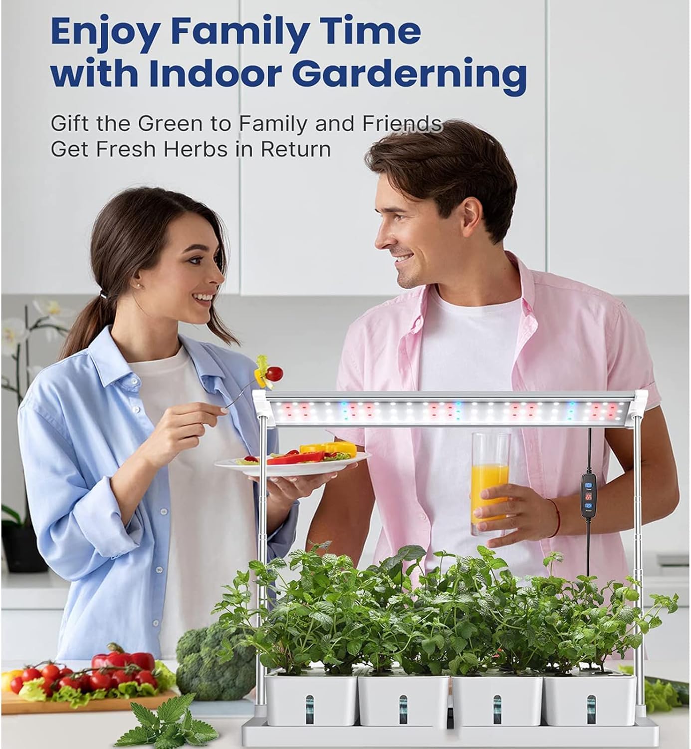 Giardino idroponico per erbe aromatiche da interni, con timer 20 ore, supporto per luce regolabile da 75 cm, design con ingresso dell'acqua per sistema di coltivazione intelligente