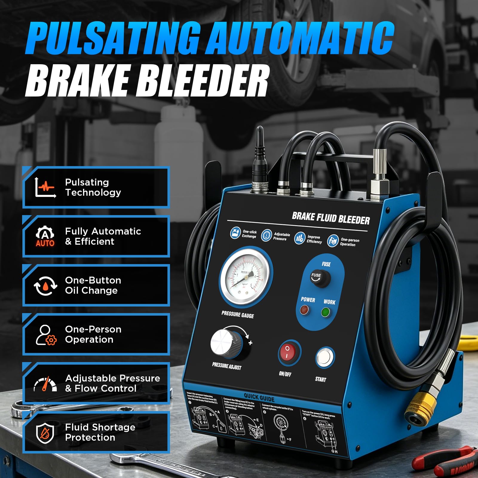 Kit de purga de frenos automática de 220 V, purgador de líquido de frenos de pulso de potencia 7-36 PSI, relleno de vacío sin aire, purga de freno de presión ajustable con protección contra