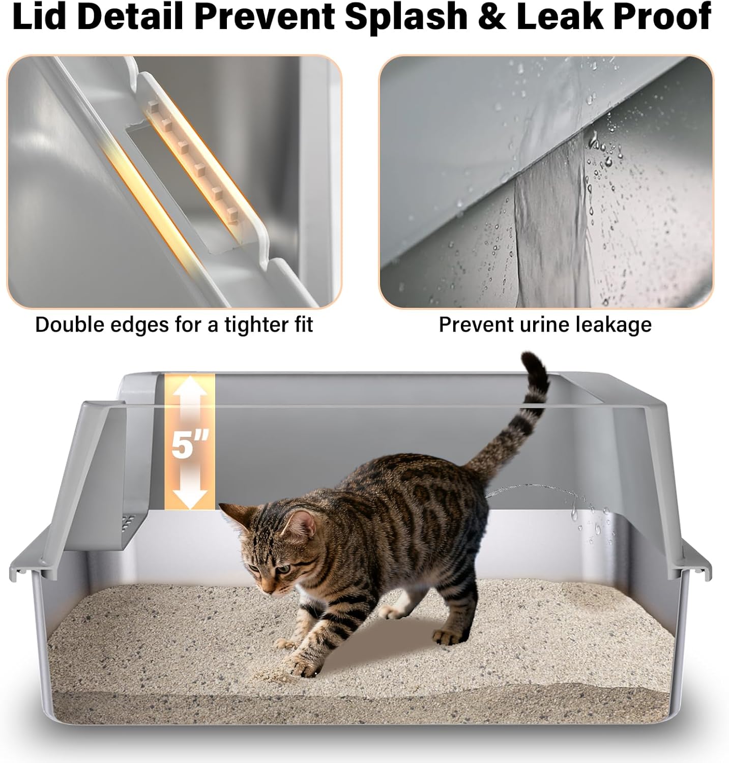 Stainless Steel Cat Litter Box with Lid, Large Metal Litter Box Stainless Steel with Mat & Scoop, Odor-Free/Anti-Leakage & Non-Stick/Easy Clean, High-Sided Litter Box for Multiple Big Cats(XL/Grey)
