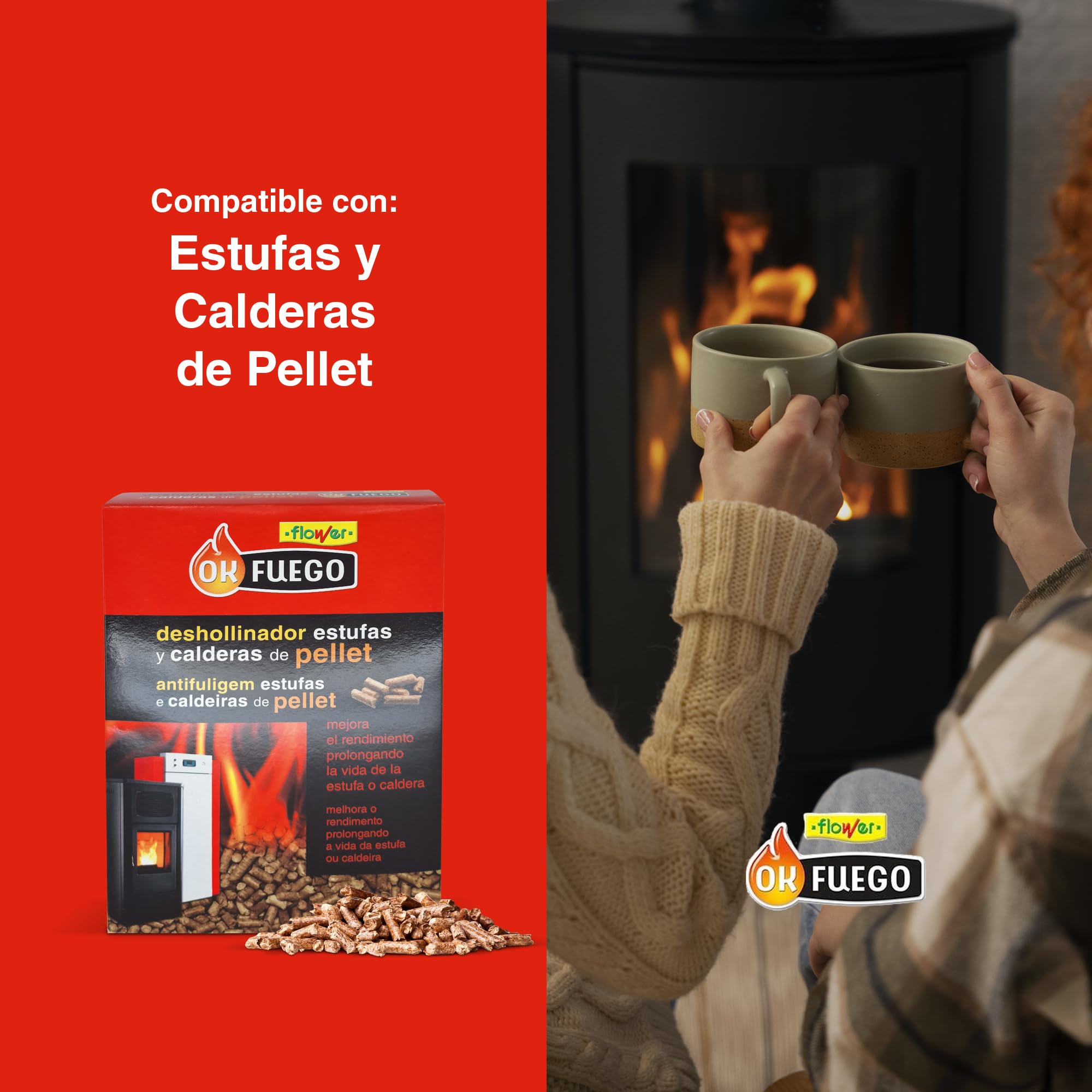 FLOWER Deshollinador Estufas y Calderas de Pellet 4,5 kg | Limpieza Hollín, Alquitrán y Polvo Chimena | Ahorro de Combustible y Mejora Rendimiento | Mayor Vida Útil Estufa