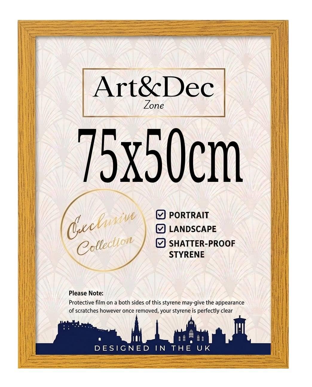 Art & Dec Zone® Sleek Oak MDF Picture Frame 75x50 cm Durable MDF Poster Frame with Clear Acrylic Protection – Wall Display for Photos, Artwork & Prints