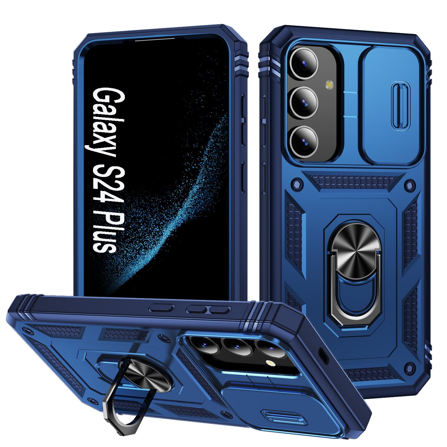 DAWEIXEAU Case for Galaxy S24 Plus, Slide Lens Protective Case with Kickstand, Dark Blue
