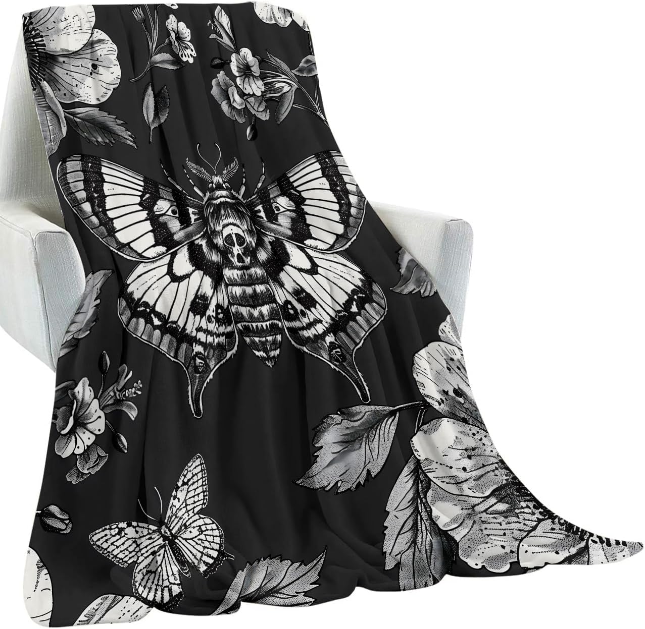 Gothic Moth and Skull Blanket Gifts for Kids Adult Women,Goth Floral Dark Art Flannel Throw Blankets,Soft Comfy Lightweight for Room Couch Bed Sofa Bold Modern Decor,Horror Lovers 60x80in