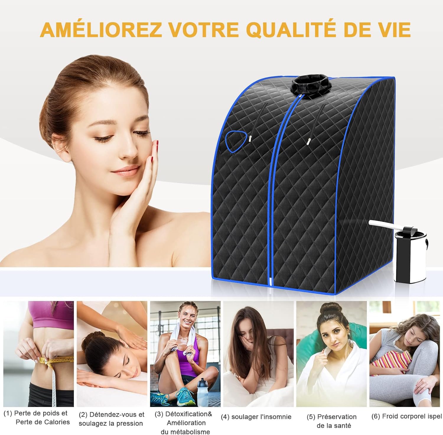 GOPLUS 1000W Sauna à Vapeur Portable 3L, Sauna Cabine Pliable avec Chaise, Température Réglable à 64℃, 9 Minuterie Réglable, Fonction d’atomisation pour Soulagement(Noir)