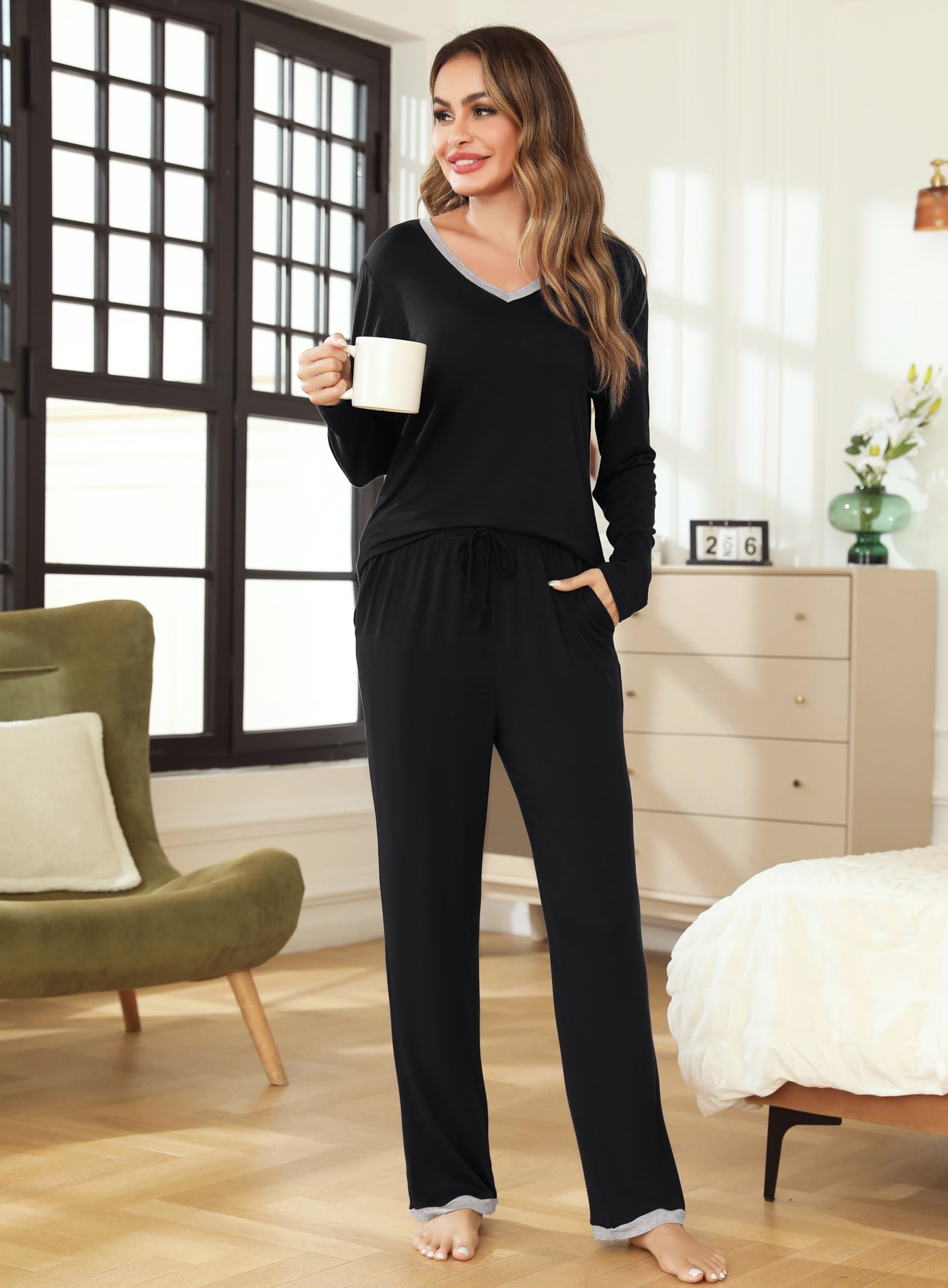 Lovasy Pigiama Donna Manica Lunga Pantaloni Lunghi Casual Scollo a V Top con Motivo a Pois Carino con Tasca Due Pezzi