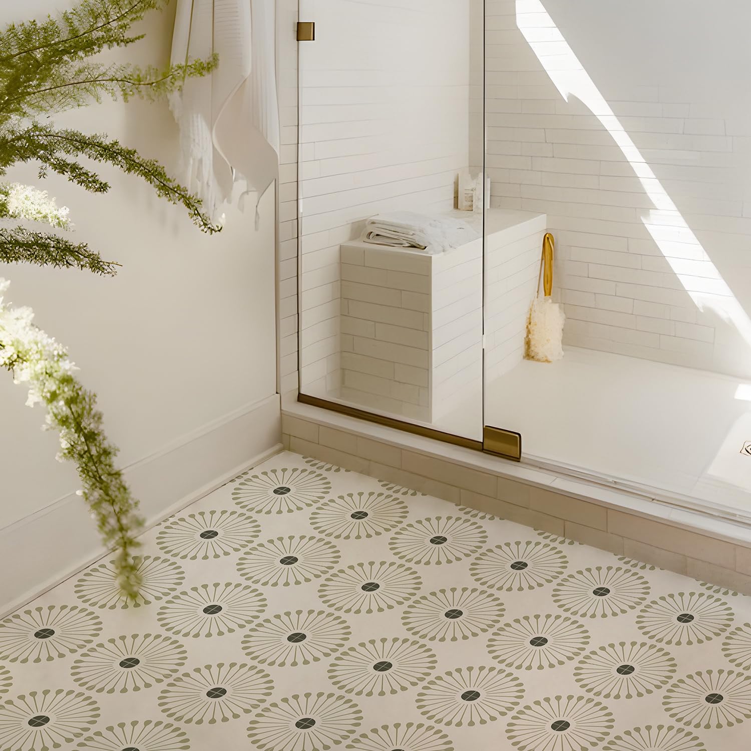 Alwayspon 25PcsX20cm/8inch Sage Green White Vinyl Tile Sticker, Peel and Stick Wall Floor Tile Sticker for Kitchen Bathroom — image 1