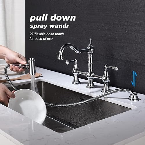 Miniatura 5 de Grifo de fregadero de cocina con rociador lateral extraíble, boquilla giratoria de doble mango en forma de puente moderna y elegante, construcción