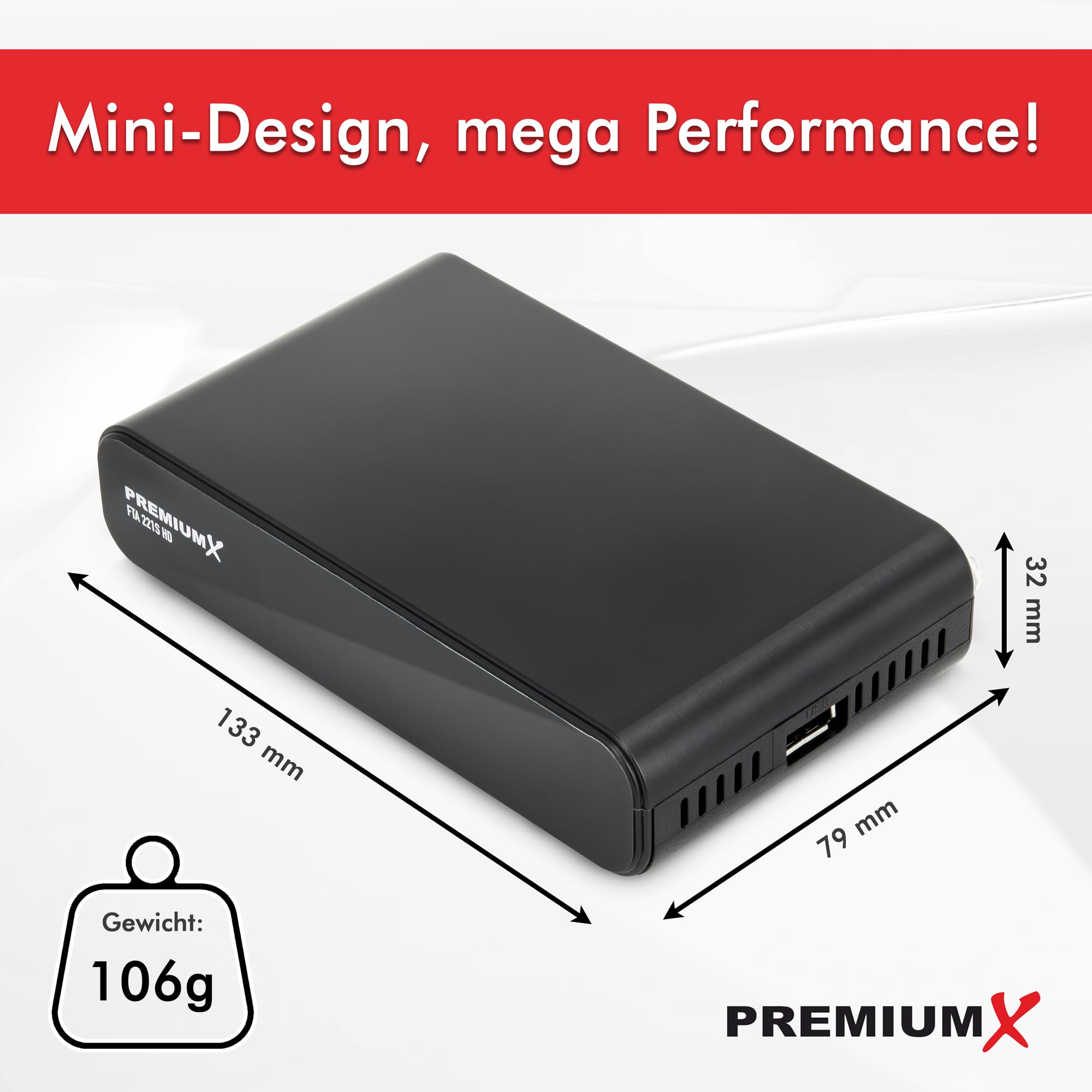 Récepteur satellite Premium X HD 221S – Récepteur satellite numérique DVB-S2 FTA, compatible avec Unicable, HDMI et péritel, lecteur multimédia USB, émetteur allemand compact préinstallé
