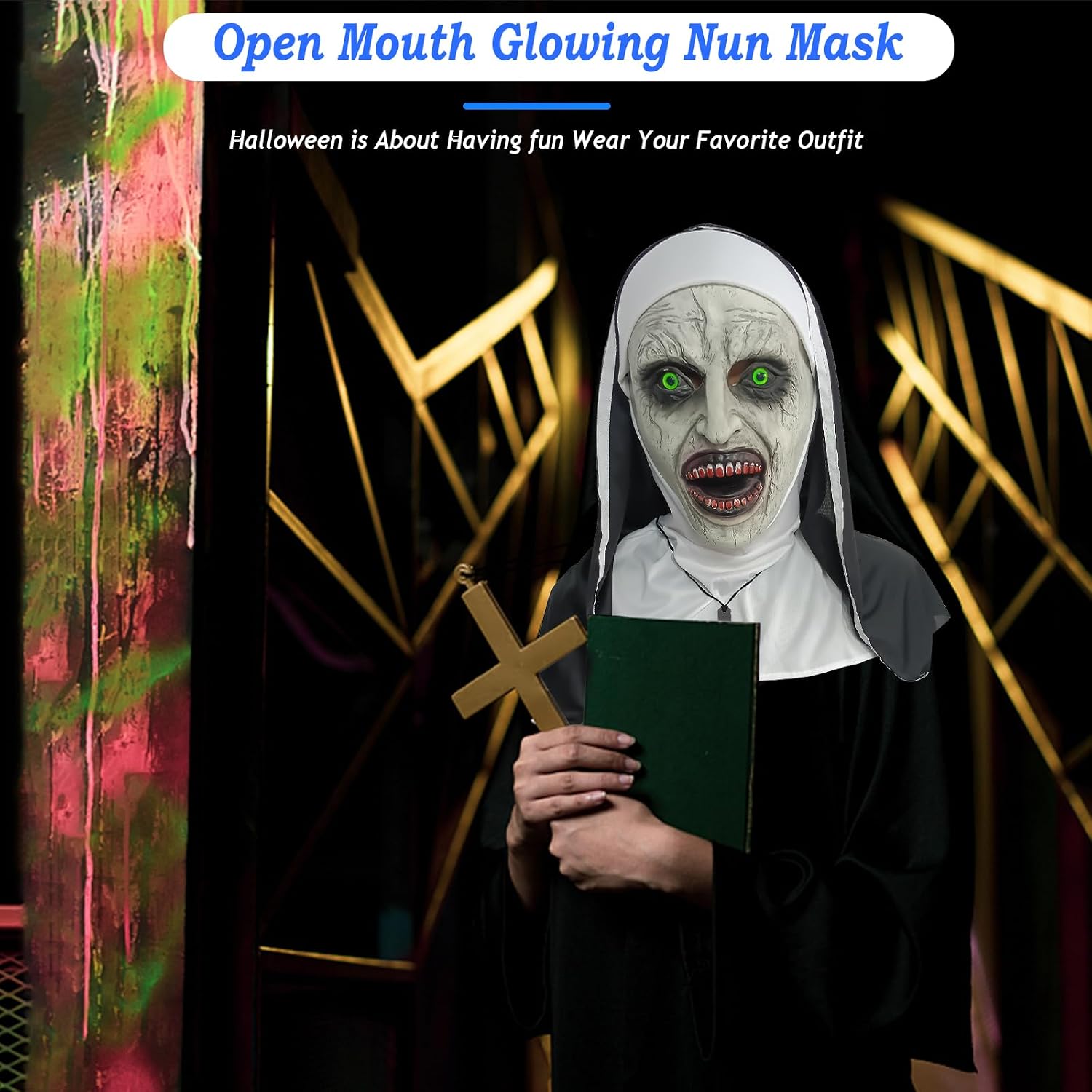 2024 Nun Scary Mask,Halloween Party Scary Full Head Costume Mask with cross necklace