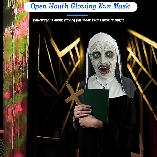 Miniatura 9 de Máscara de terror de monja 2024, máscara de disfraz de cabeza completa con collar de cruz para fiesta de Halloween