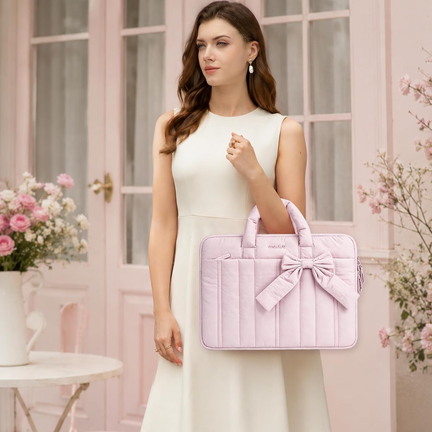 MOSISO Laptop Case 13.3 inch, 13-13.3 inch Puffy Laptop Sleeve Compatible with MacBook Neo/Air 13.6 M5 M4 M3 M2 M1/Pro 13/14, HP Dell ASUS Lenovo, Rectangle Quilted Carrying Bag with Bow&Handle, Pink