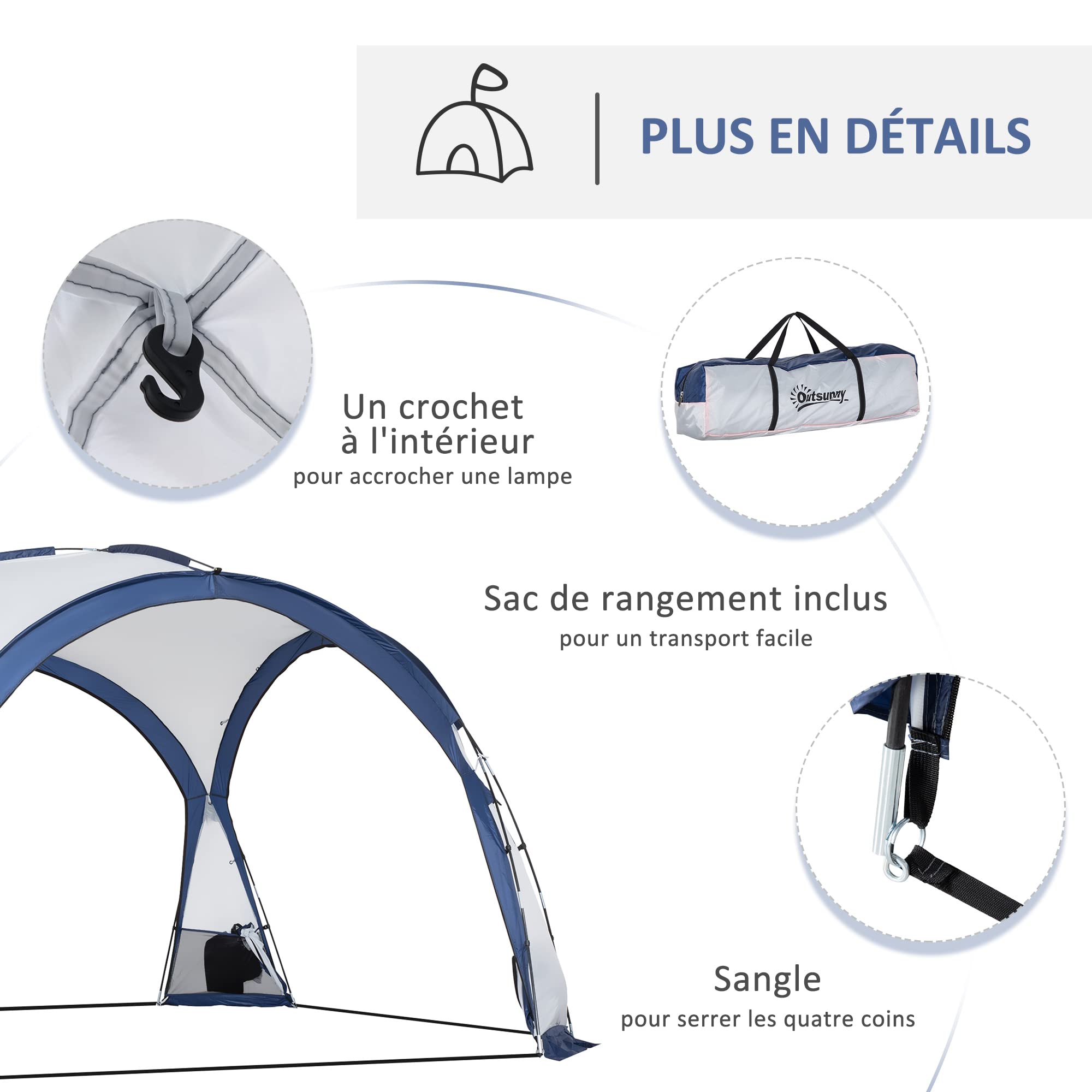 Outsunny Tente de Camping dôme familiale pour 6-8 Personnes avec 4 Portes en Filet zippées, Tissu Oxford Amovible, Crochet pour Lampe, Sac de Transport dim. 350L x 350l x 230H cm - Blanc et Bleu